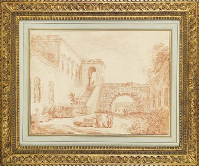 Hubert Robert (Paris 1733-1808) Paysage d'Italie animé Sanguine. Doublé, quelques...