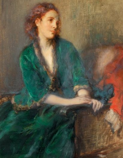 Fernand Toussaint (1873-1956) Jeune femme rêveuse Huile sur toile signée en bas à...