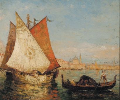 Albert Duprat (1882-) La lagune de Venise. Huile sur toile signée en bas à gauche...