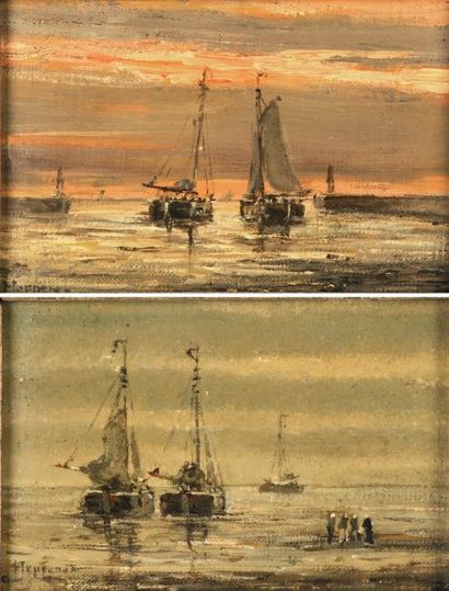 Johannes-Jacob Heppener (1826-1889) Paire de petites vues côtières avec voiliers...