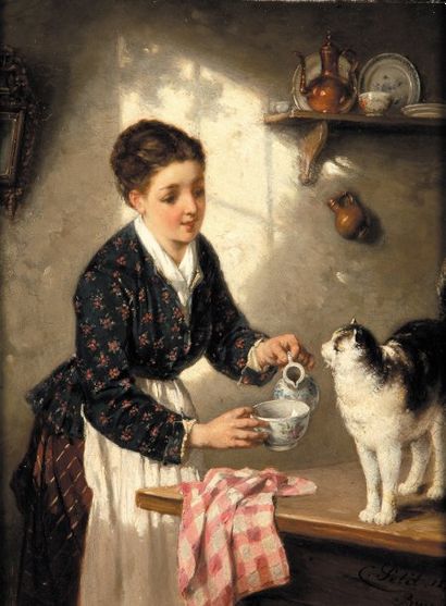 Charles PETIT (Ecole française, mort en 1896) Jeune fille et son chat Huile sur panneau,...