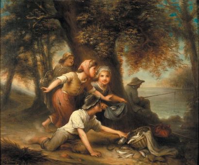 Leonard (Ecole du XIXe siècle) Les petits voleurs de poisson Huile sur toile signée...