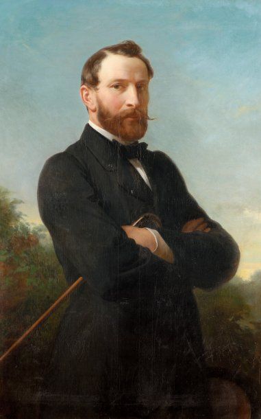 August Chauvin (1810-1884) Portrait d'élégant à la canne Huile sur toile signée en...