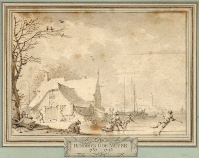 Hendrick II de MEYER (1737-1793) Scène de patinage sur un lac gelé aux abords d'un...