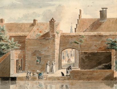 Cornelis Van Noorde (1731-1795) Le lavoir Marqué au revers «De Waterpoort bij den...