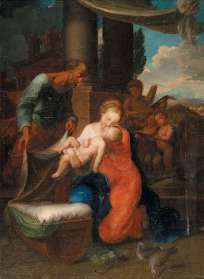 Ecole italienne de la fin du XVIIe siècle Vierge à l'Enfant Huile sur toile réentoilé....