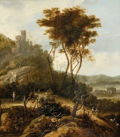 Adrien Bloemaert (1609-1666) Paysage montagneux animé de personnages. Panneau de...