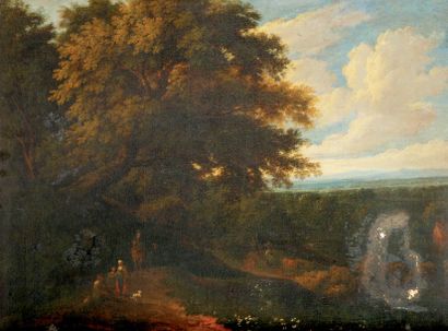 Cornelis Huysmans (1648-1727) Cavalier et paysans devant un paysage forestier Toile...