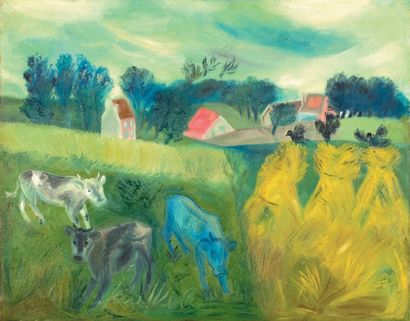 Jean Van Wel (1906-1990) Paysage avec vaches et dizeaux Huile sur toile. Marquée...
