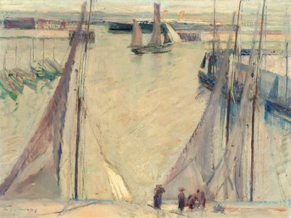 Maurice Wagemans (1877-1927) Promeneurs sur le quai du port Huile sur toile signée...