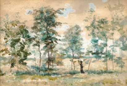 Franz Courtens (1854-1943) Femme à l'ombrelle dans un paysage Aquarelle sur papier...