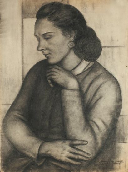 Creten-Georges (1887-1966) Femme pensive, circa 1940 Fusain sur papier signé en bas...