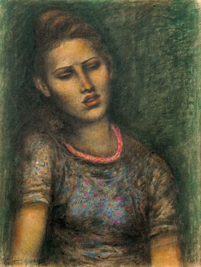 Creten-Georges (1887-1966) Portrait au collier rose, 1939 . Pastel sur papier signé...