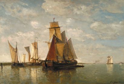 Paul Jean CLAYS (1819-1900) Embouchure avec bateaux de pêche.. Toile. Signée. H....