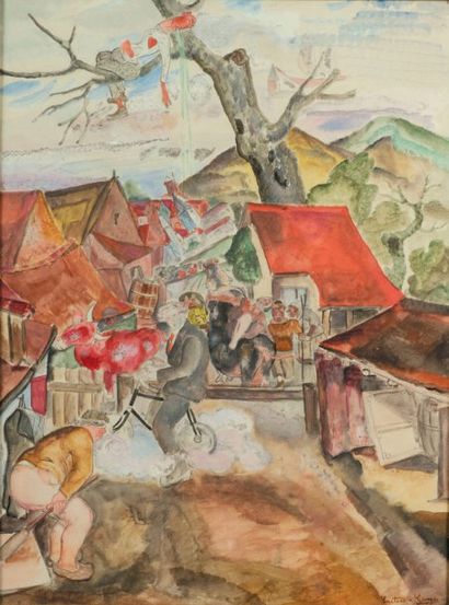 Creten-Georges (1887-1966) Kermesse à Etikhove. Gouache et aquarelle signée et datée...