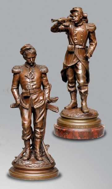 Charles Anfrie (né en 1833) «En avant» et «Après l'assaut». Deux bronzes à patine...