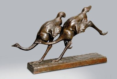 Raymond de Meester de Betzenbroeck (1904-1995) Deux autruches. Bronze patiné. Signé,...