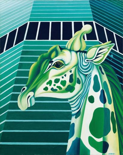 Nicolas Garcia URIBURU (Né en 1937) Girafe et Pan Am BG, 1973 Huile sur toile. Signée...