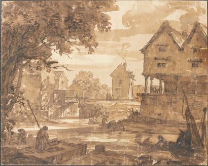 null Ecole Flamande du XVIIe siècle Paysage au pont Plume et encre brune, lavis brun...