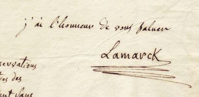 LAMARCK JEAN-BAPTISTE (1744-1829) Naturaliste et biologiste. Lettre autographe signée,...