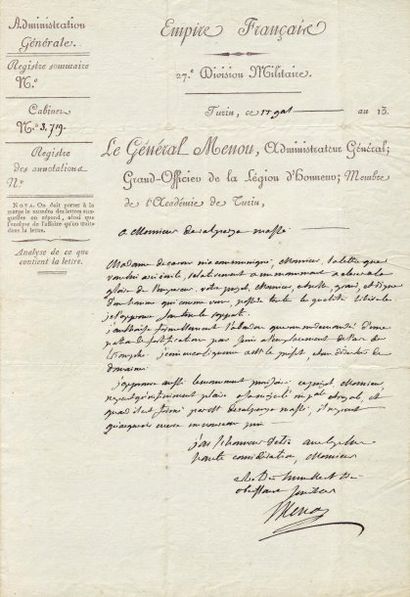 MENOU, JACQUES-FRANÇOIS, DIT ABDALLAH (1750-1810) Lettre autographe signée, 1 page...