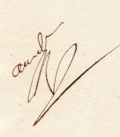 NAPOLÉON IER BONAPARTE (1769-1821) Pièce signée, avec un mot autographe, 2/3 de page...