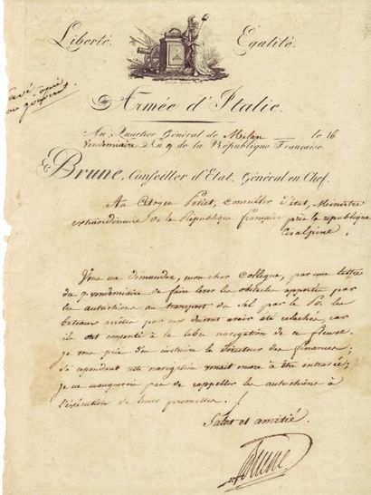 BRUNE GUILLAUME (1763-1815) 2 lettres signées, 2 pages in-folio Milan, 1800 et Paris,...