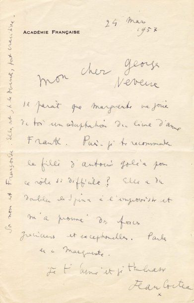 COCTEAU JEAN (1889-1963) Ecrivain. Lettre autographe signée, 1 page gr. in-8 (Paris),...