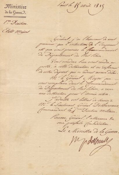 [Cent-Jours] DAVOUT LOUIS (1770-1823) 5 lettres ou pièces signées, 5 pages in-folio...