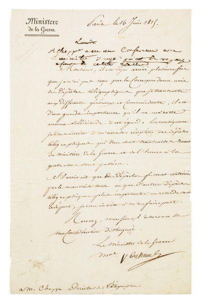 DAVOUT LOUIS (1770-1823) Lettre signée, 1 page in-folio Paris, 16 JUIN 1815. En-tête...