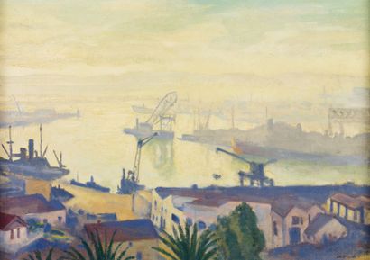 ALBERT MARQUET (1875-1947) Le port d'Alger, temps brumeux, 1941 Huile sur toile....