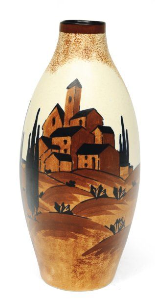 null Vase à décor polychrome d'un village de montagne. Rare polychrome design with...