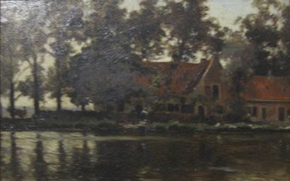EDMOND DE SCHAMPHENEER (1824-1899) Ferme animée au bord de l'eau Huile sur carton....