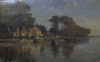 EDMOND DE SCHAPENEER (1824-1899) Canal hollandais Panneau, signé en bas à gauche....