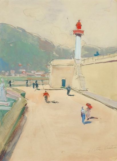 VICTOR CRETEN (1878-1966) Le phare Gouache et crayon sur papier signé en bas à droite....