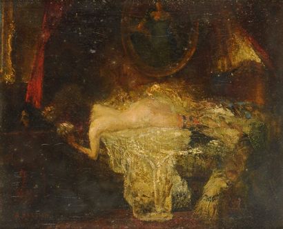 ALFRED BASTIEN (1873-1955) Femme nue allongée sur un drap blanc Huile sur toile,...