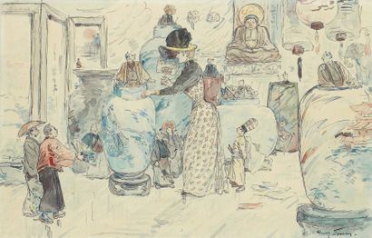 Henry Somm (1844-1907) Les pots chinois Aquarelle et encre sur papier. Signée Henry...