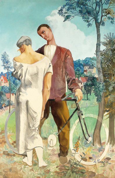 Alfred Courmes (1898-1993) Couple à la bicyclette, 1925 Huile sur toile. Signée A....