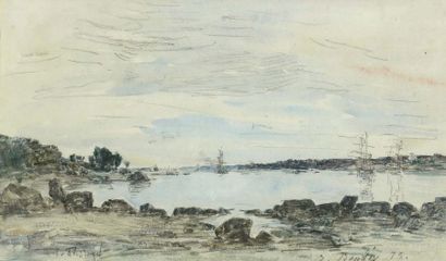 Eugène BOUDIN (1824-1898) Voiliers dans une rade au large de Brest, 1873 Aquarelle...
