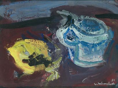 Vassyl Khmeluk (1903-1986) Paysage à la maison, 1956 Huile sur toile. Signée et datée...
