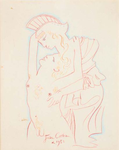 Jean COCTEAU (1889-1963) Couple Dessin au crayons de couleurs. Signé. Potlood op...