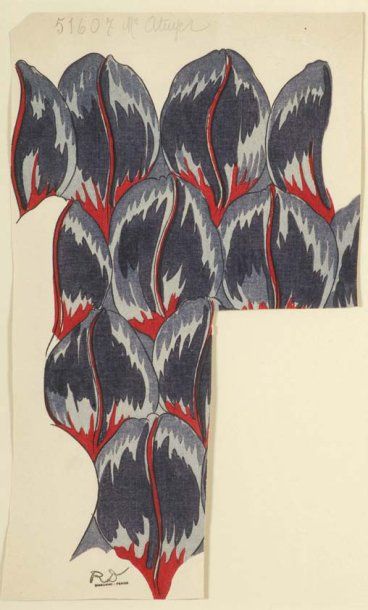 Raoul DUFY (1877-1953) Feuilles bleues sur fond rouge Empreinte porte le cachet du...