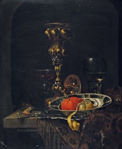 ÉCOLE HOLLANDAISE VERS 1700, SUIVEUR DE WILLEM KALF Nature morte aux oranges et pièces...
