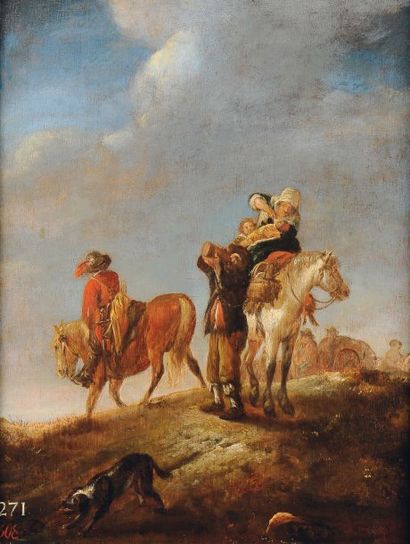 ATTRIBUÉ À PETER WOUWERMANS (1623 - 1682) Voyageurs à cheval Panneau de chêne, deux...