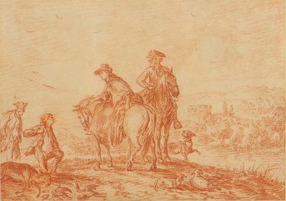 JEAN BAPTISTE LALLEMAND (DIJON 1710 - PARIS 1803) La chasse aux chevreuils Sanguine...