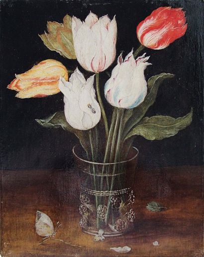 école flamande du XIXe siècle, entourage de Daniel Seghers Bouquet de tulipes Cuivre....
