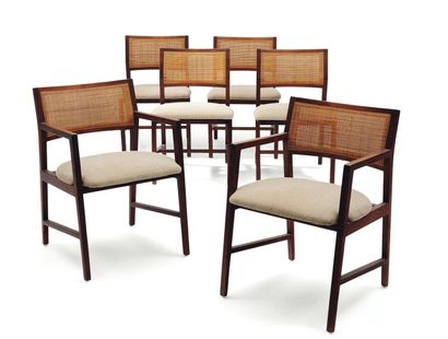 Edward WORMLEY (1907-1995) Quatre chaises et deux fauteuils à assise en tissu et...