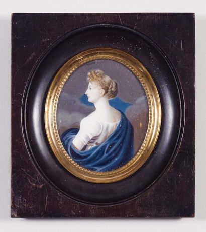 BENZ (école française du XIXe siècle ). Portrait de femme à l'antique en robe blanche...