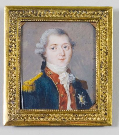 École française , vers 1780. Portrait d'un officier du Régiment du Roi en uniforme...