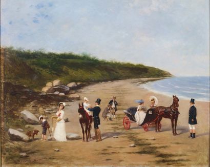 Emile Brisset (1860-1904) Elégants à la plage Huile sur toile. Signée en bas à gauche....